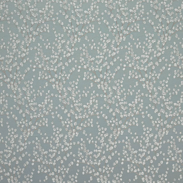 Soft mineral blue floral fabric with pale ivory leaf motifs