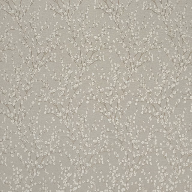 Soft beige botanical fabric with delicate ivory leaf trail pattern