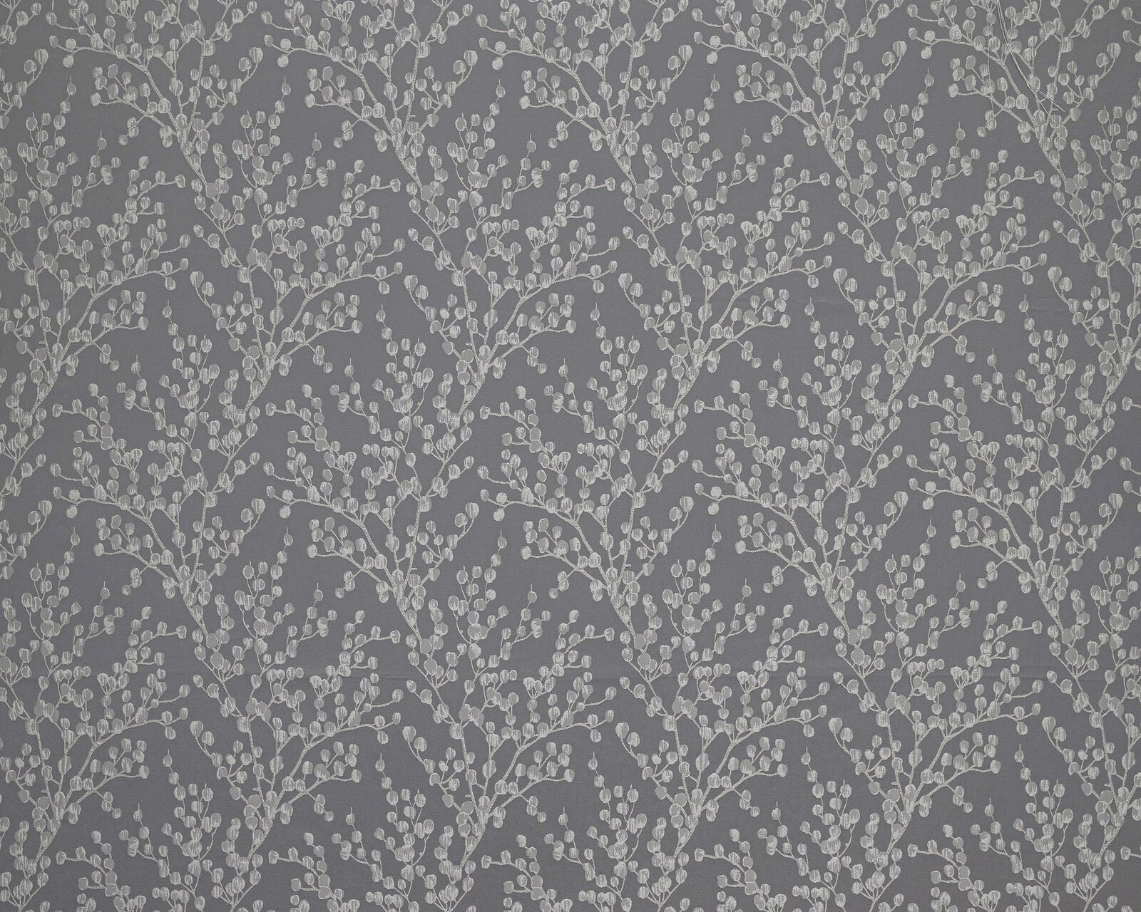 Cool grey floral vine fabric with small leaf sprigs on a shadowed ground