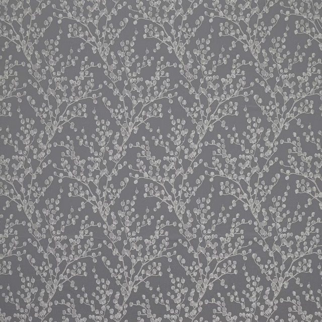 Cool grey floral vine fabric with small leaf sprigs on a shadowed ground
