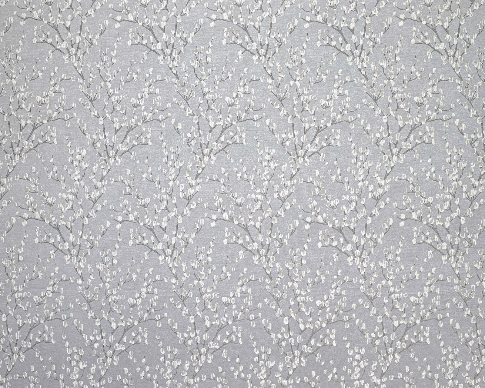 Silver grey floral drapery fabric with delicate trailing botanical motif