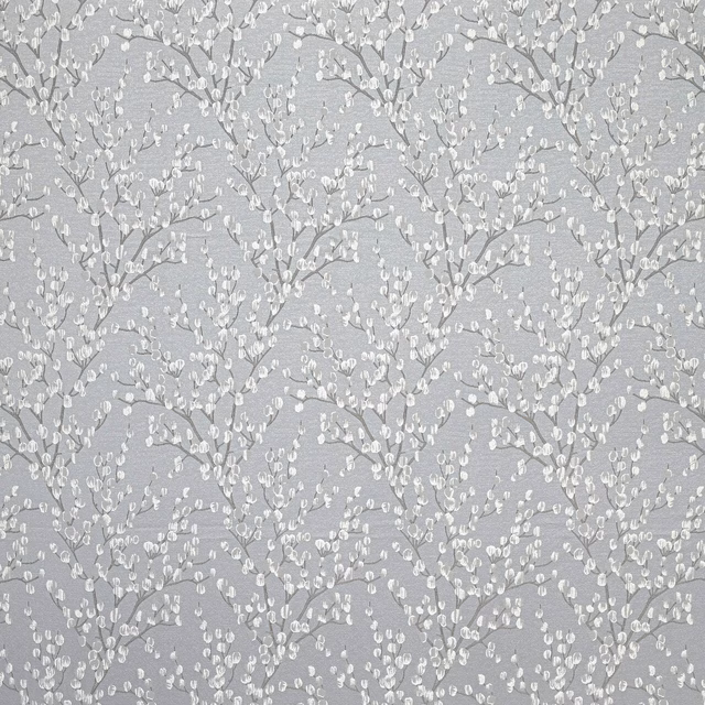 Silver grey floral drapery fabric with delicate trailing botanical motif