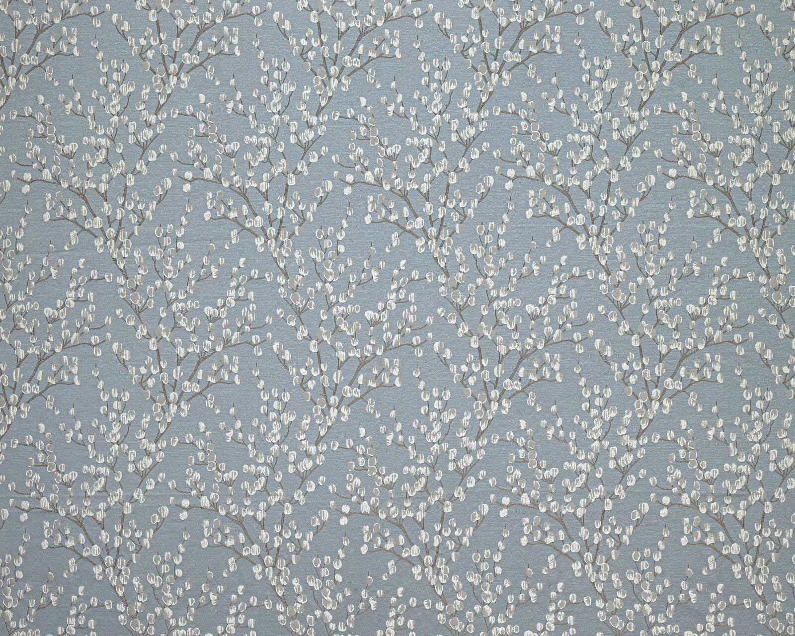 Muted wedgewood blue fabric with delicate ivory botanical trail pattern