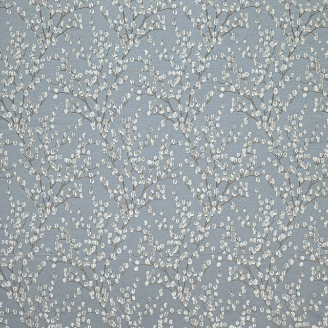 Muted wedgewood blue fabric with delicate ivory botanical trail pattern
