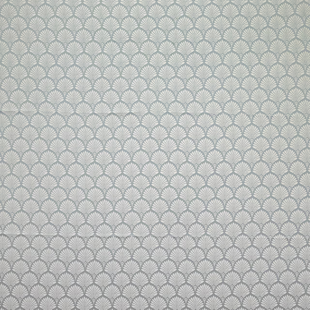 Soft mineral blue fabric with small ivory fan motif repeat