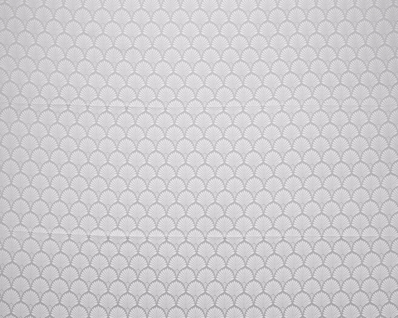 Small silver-grey repeating fan motif on a pale woven drapery fabric