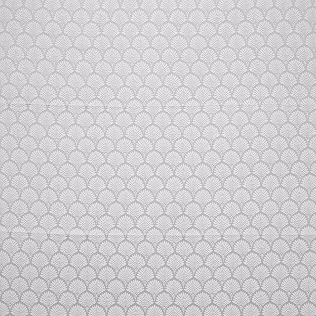Small silver-grey repeating fan motif on a pale woven drapery fabric