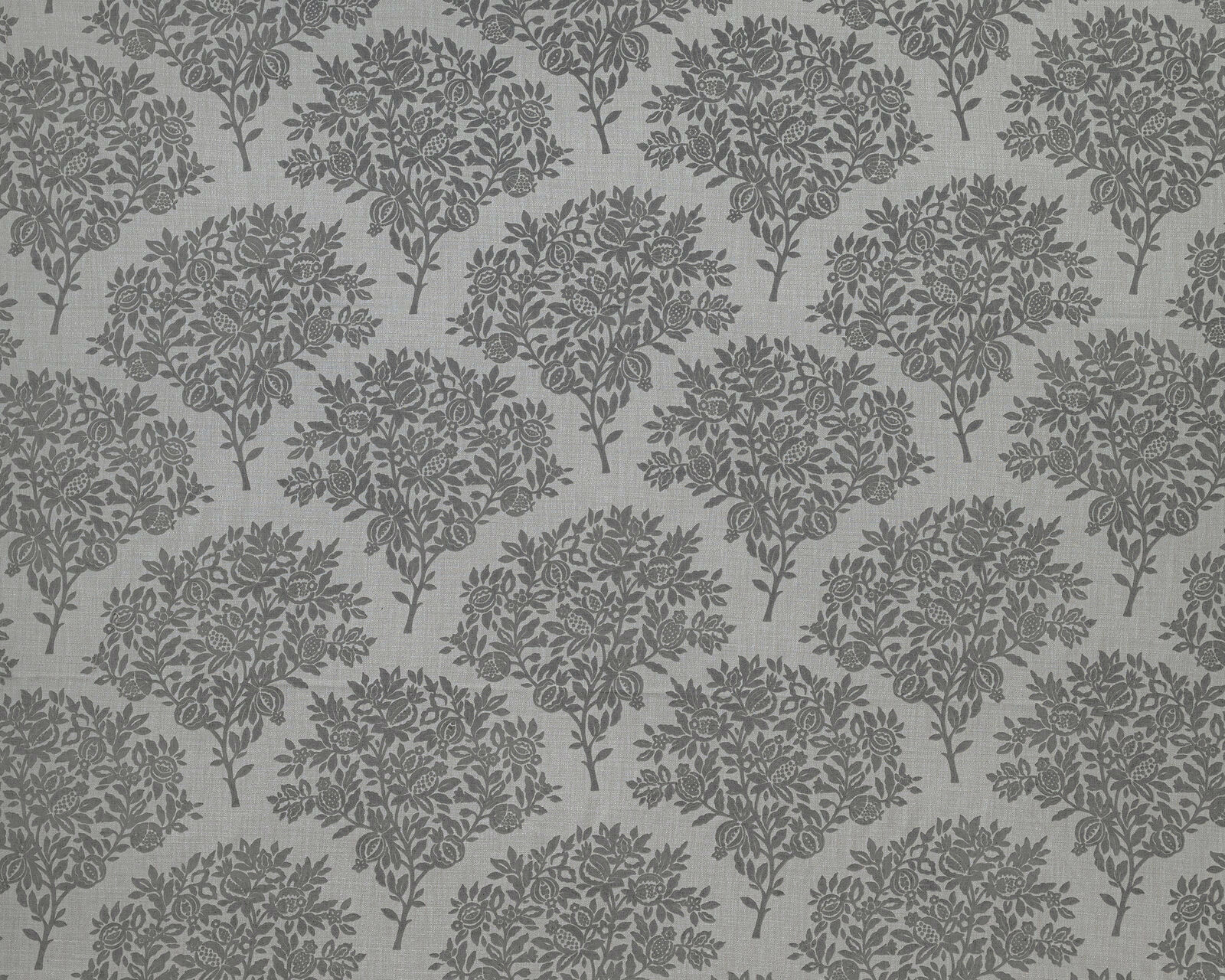 Grey botanical fabric with repeated tree-like floral clusters on a pale ground