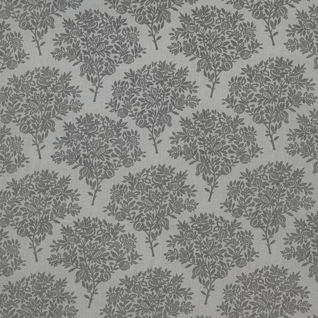 Grey botanical fabric with repeated tree-like floral clusters on a pale ground
