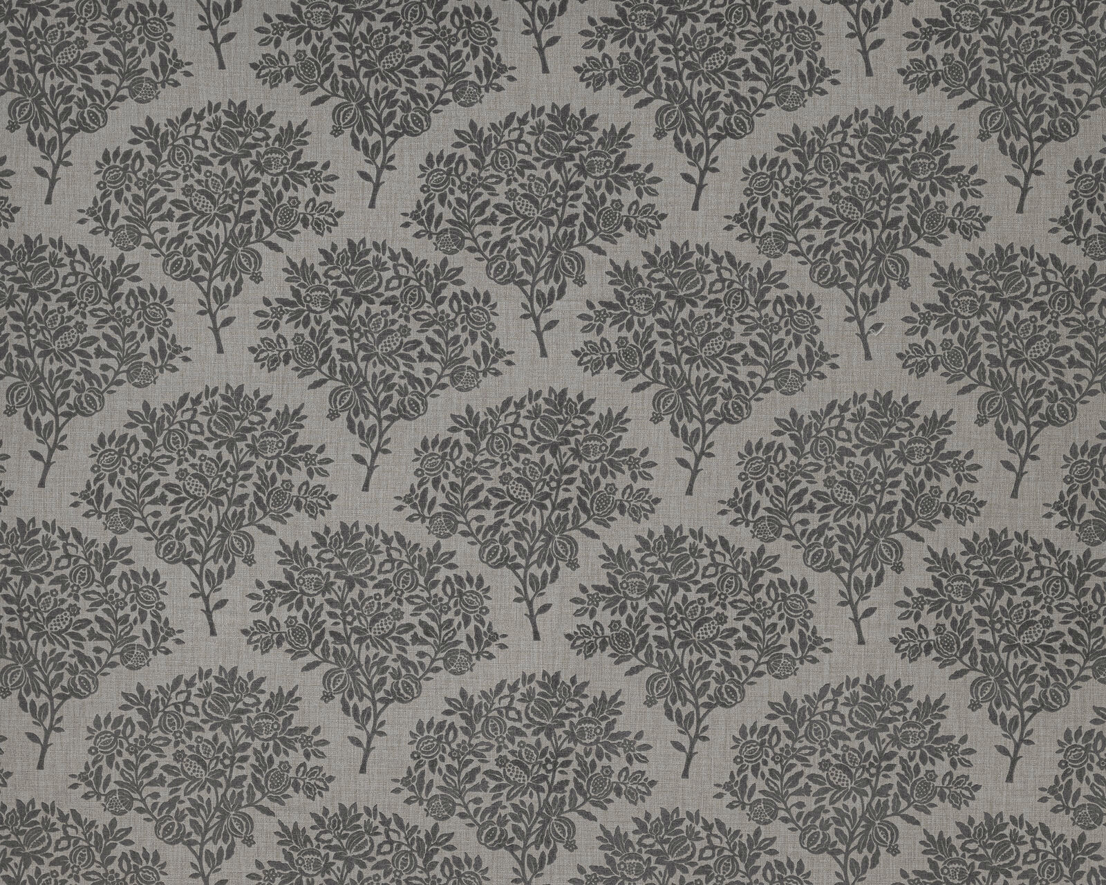 Fog-grey floral botanical fabric with small repeating tree motifs