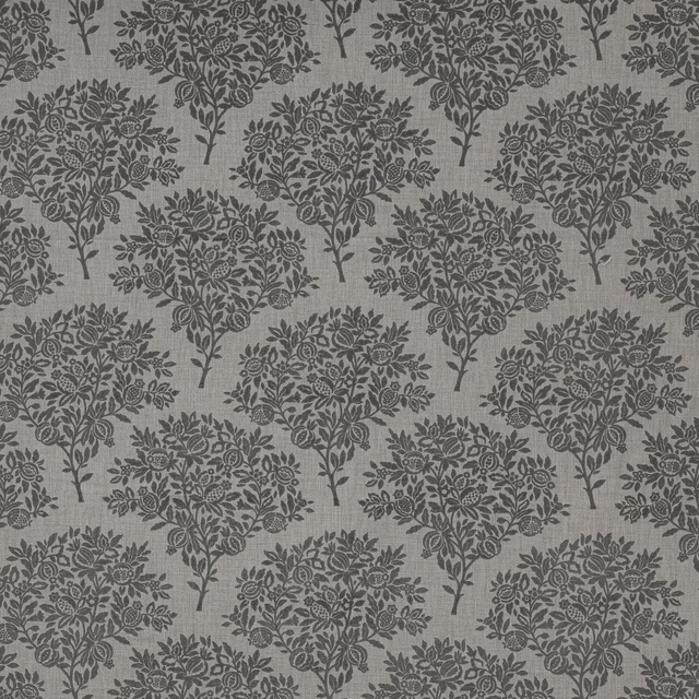 Fog-grey floral botanical fabric with small repeating tree motifs