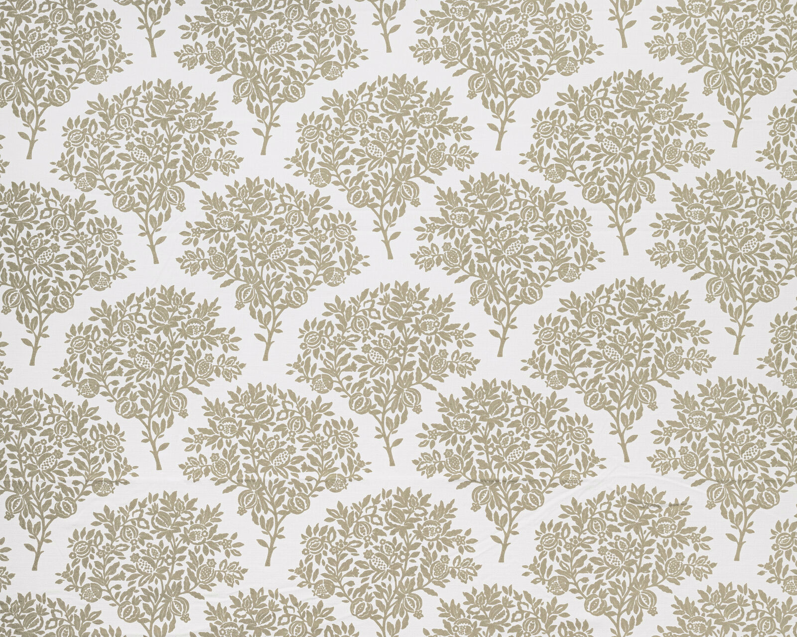 Oyster beige floral botanical fabric with rounded tree motifs on a pale ground