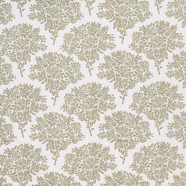 Oyster beige floral botanical fabric with rounded tree motifs on a pale ground