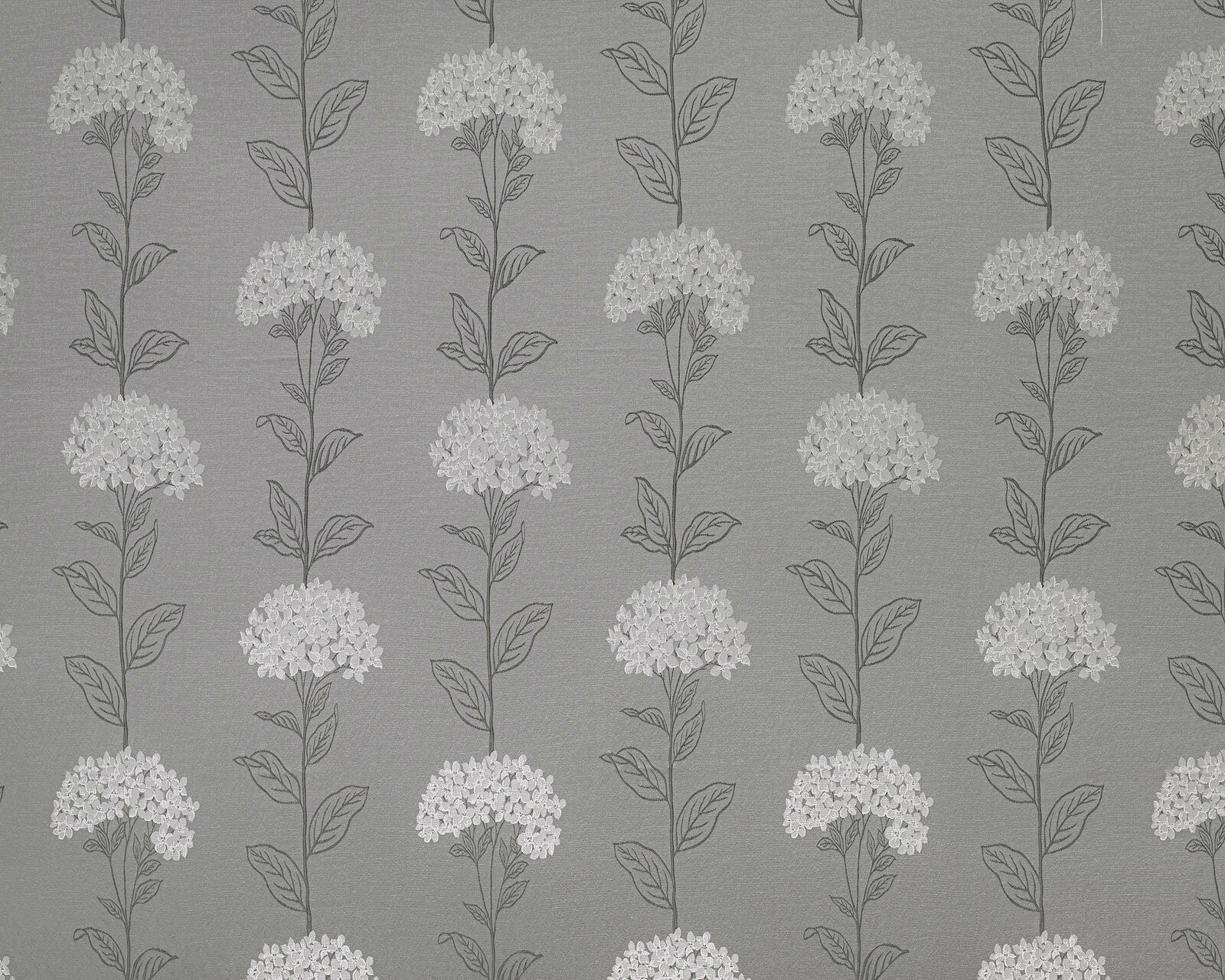 Soft dove-grey fabric with vertical botanical stems and pale clustered floral heads