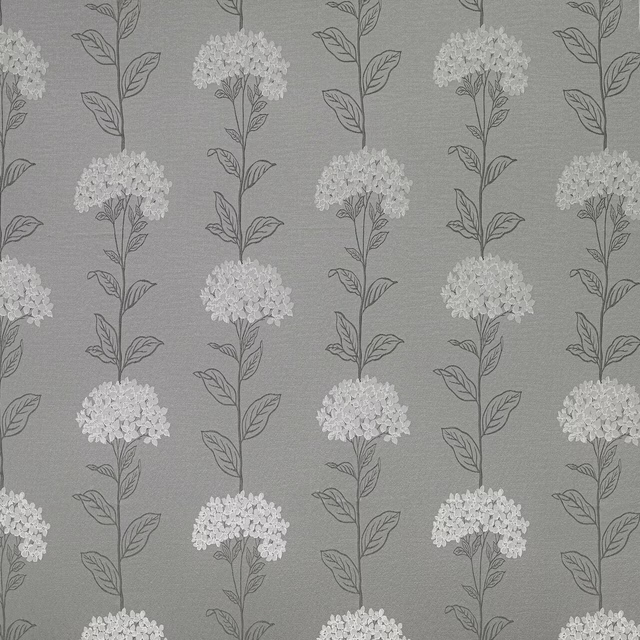 Soft dove-grey fabric with vertical botanical stems and pale clustered floral heads