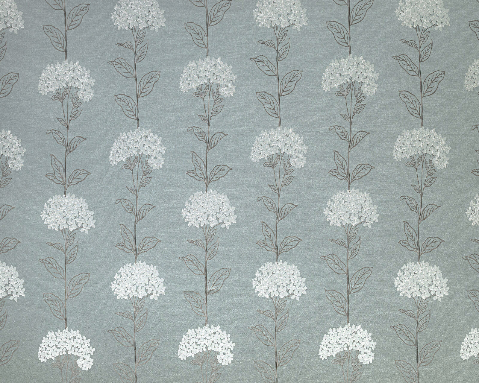 Mineral teal floral drapery fabric with pale clustered blooms and fine leaf stems