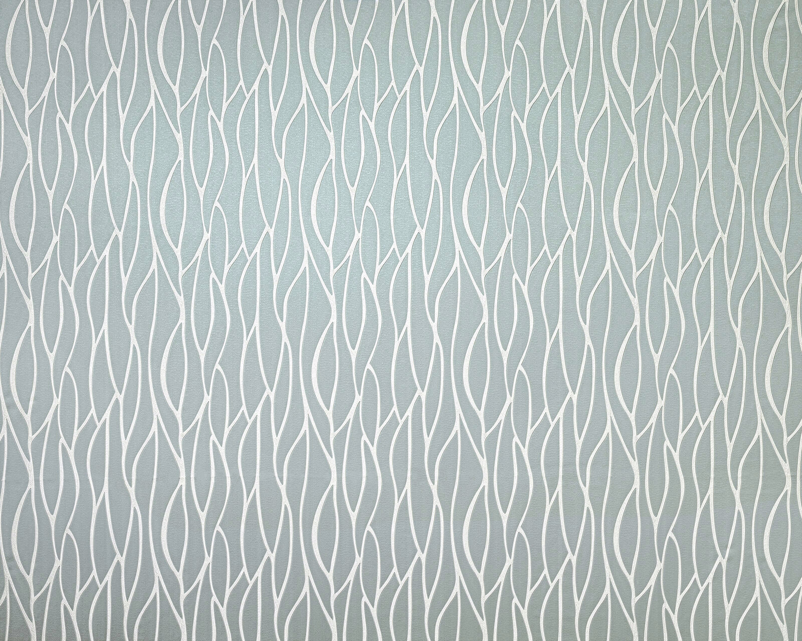 Swatch of mineral blue geometric fabric with flowing ivory line motif