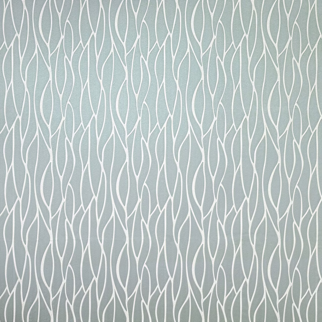 Swatch of mineral blue geometric fabric with flowing ivory line motif