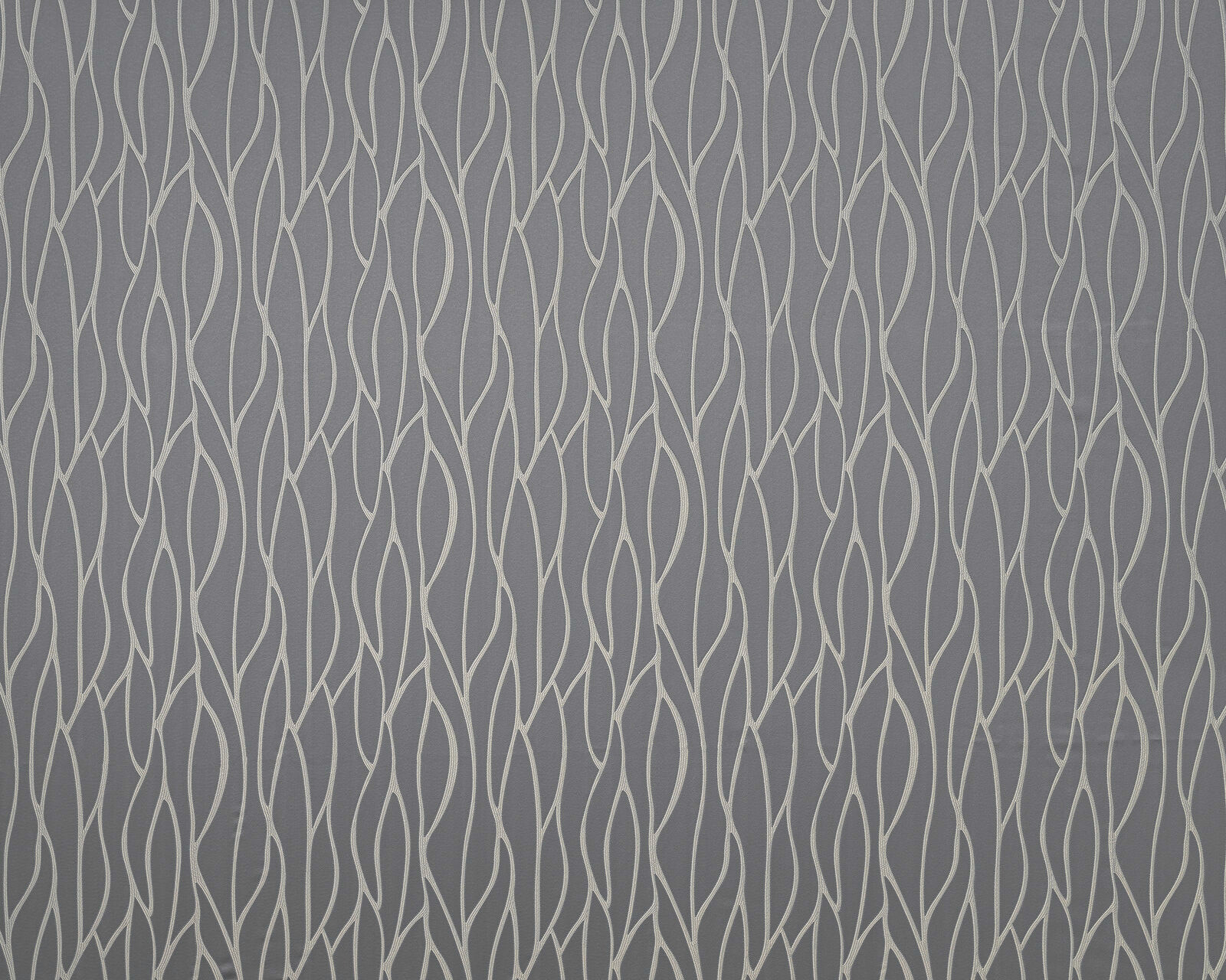 Grey fabric with pale wavy vertical geometric lines and a matte woven finish