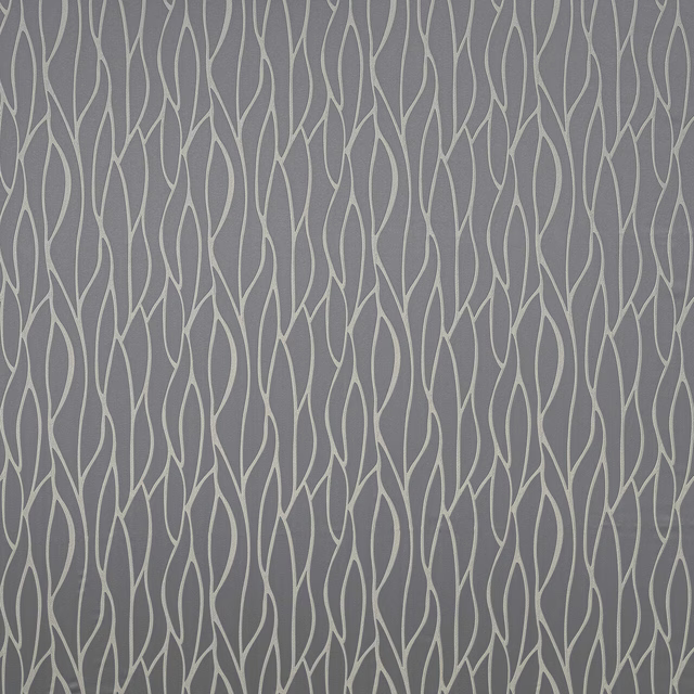 Grey fabric with pale wavy vertical geometric lines and a matte woven finish