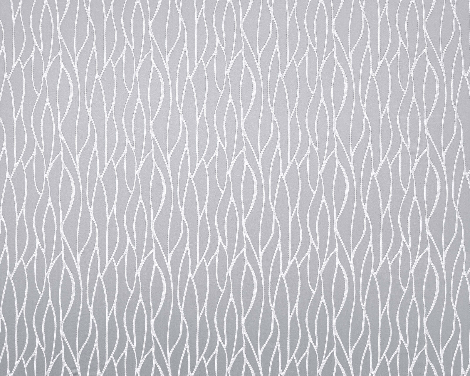 Silver grey fabric with flowing white abstract leaf-like vertical pattern