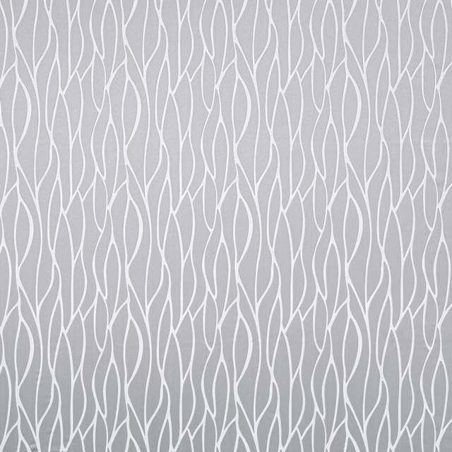 Silver grey fabric with flowing white abstract leaf-like vertical pattern