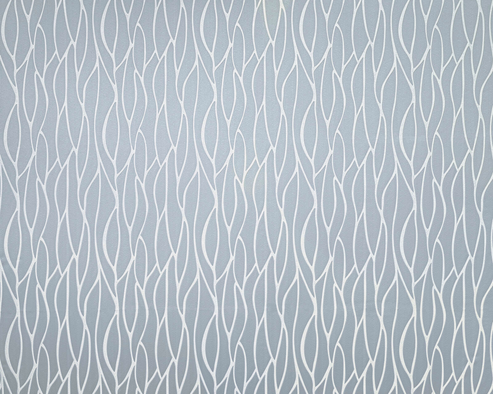 Soft wedgwood blue fabric with slender ivory abstract leaf repeat