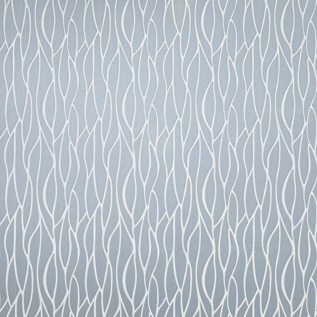 Soft wedgwood blue fabric with slender ivory abstract leaf repeat
