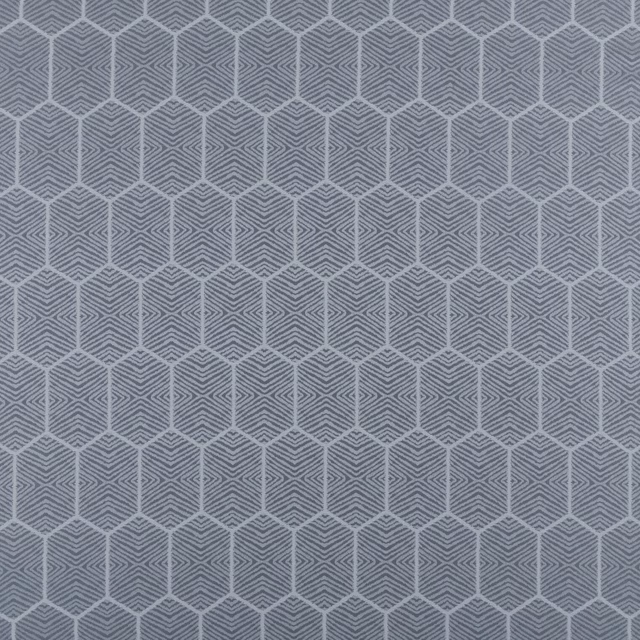 Cool mist-grey geometric fabric with repeating hexagon and chevron pattern