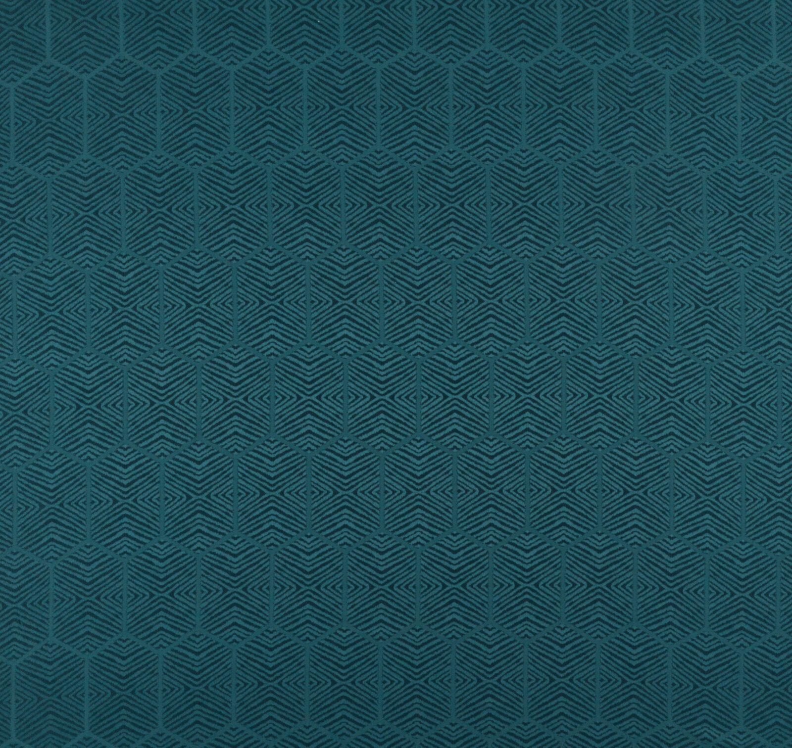 Deep teal geometric woven fabric with repeating hexagon motif