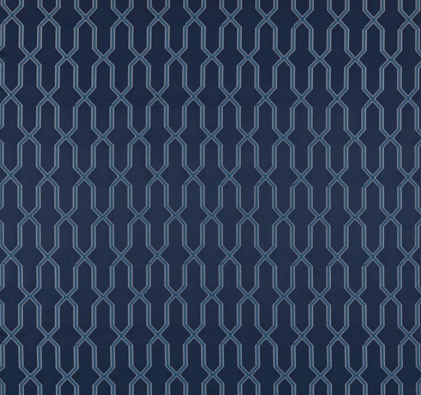 Deep ink-blue geometric fabric with pale blue interlocking vertical line pattern