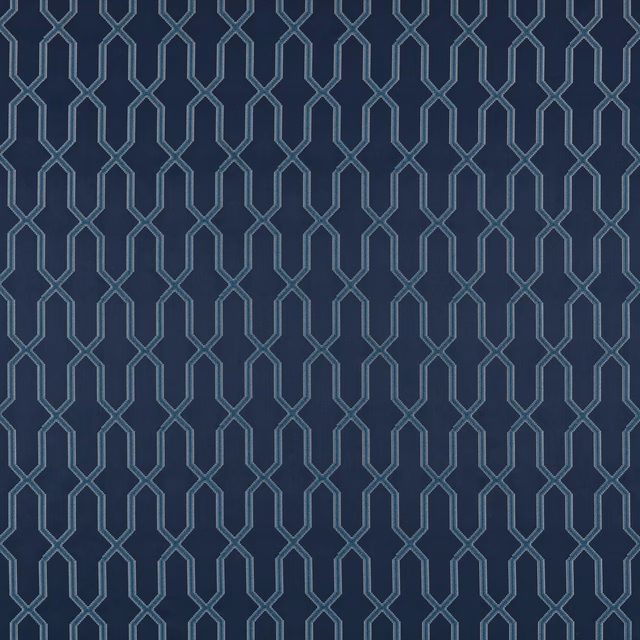 Deep ink-blue geometric fabric with pale blue interlocking vertical line pattern