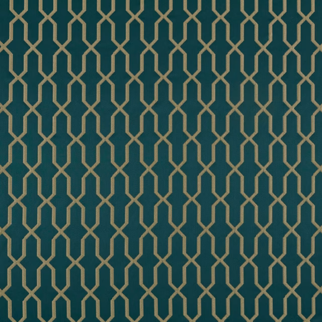 Deep peacock teal fabric with narrow gold geometric lattice pattern
