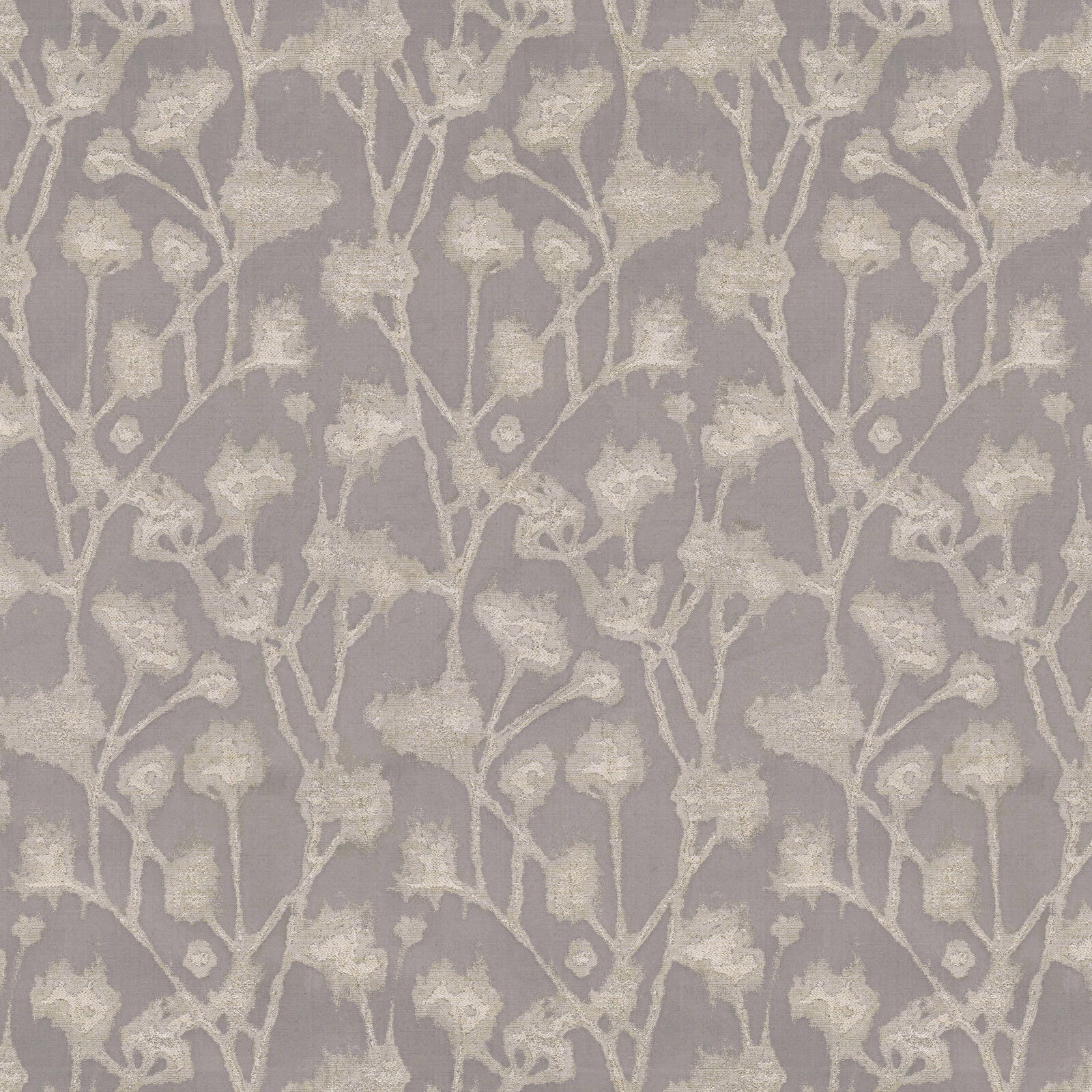 Dove-grey floral vine fabric with pale cream blossoms and soft matte texture