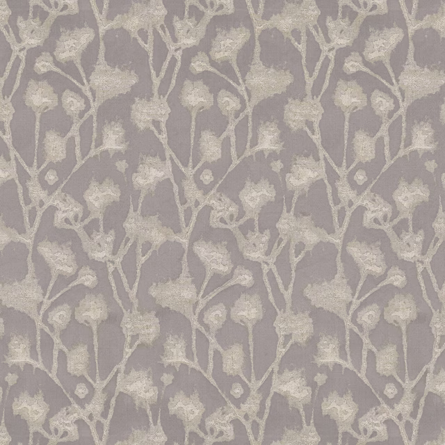 Dove-grey floral vine fabric with pale cream blossoms and soft matte texture