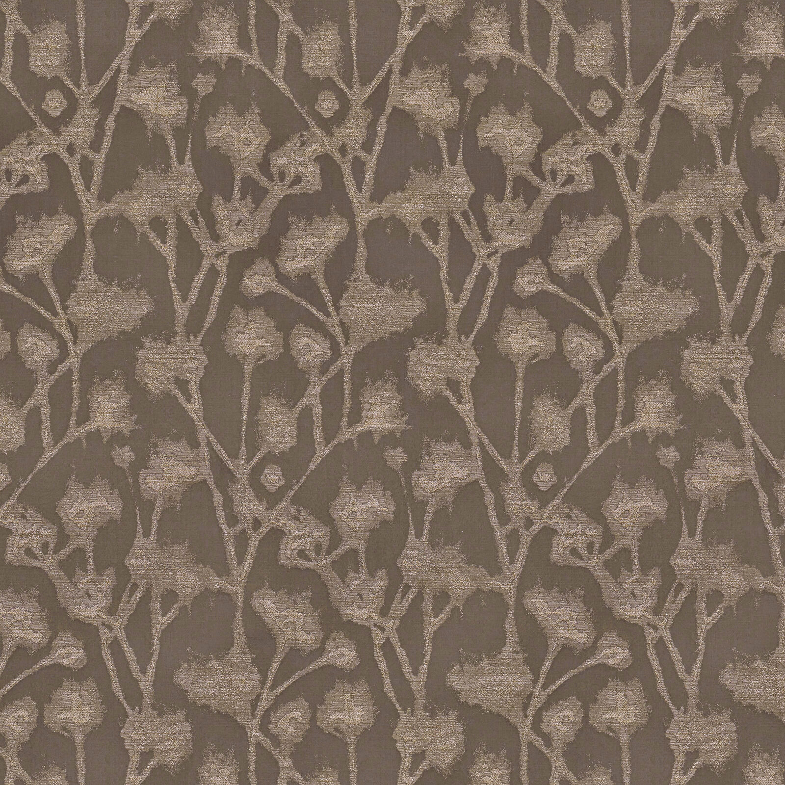 Mole-brown floral woven fabric with pale taupe trailing stems and leaves
