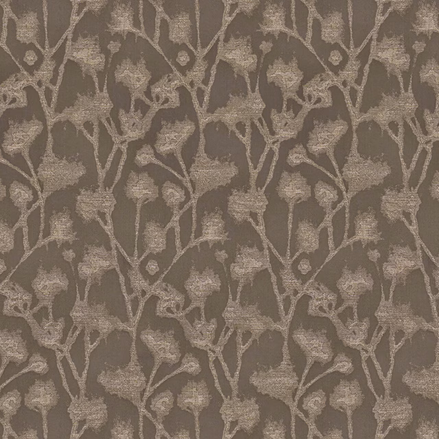 Mole-brown floral woven fabric with pale taupe trailing stems and leaves