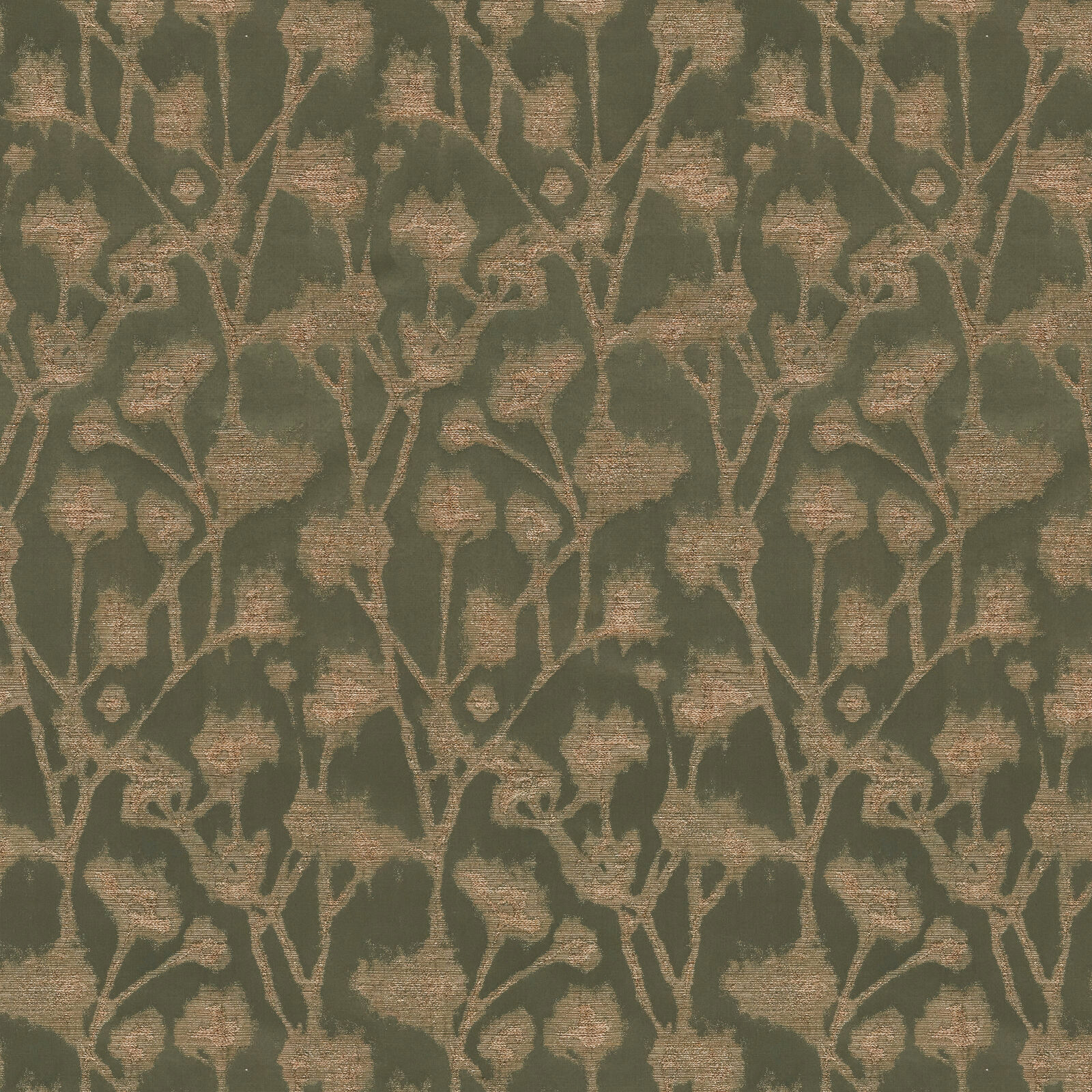 Olive green botanical fabric with tan leafy pattern and textured weave