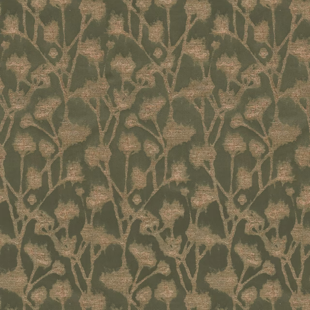 Olive green botanical fabric with tan leafy pattern and textured weave