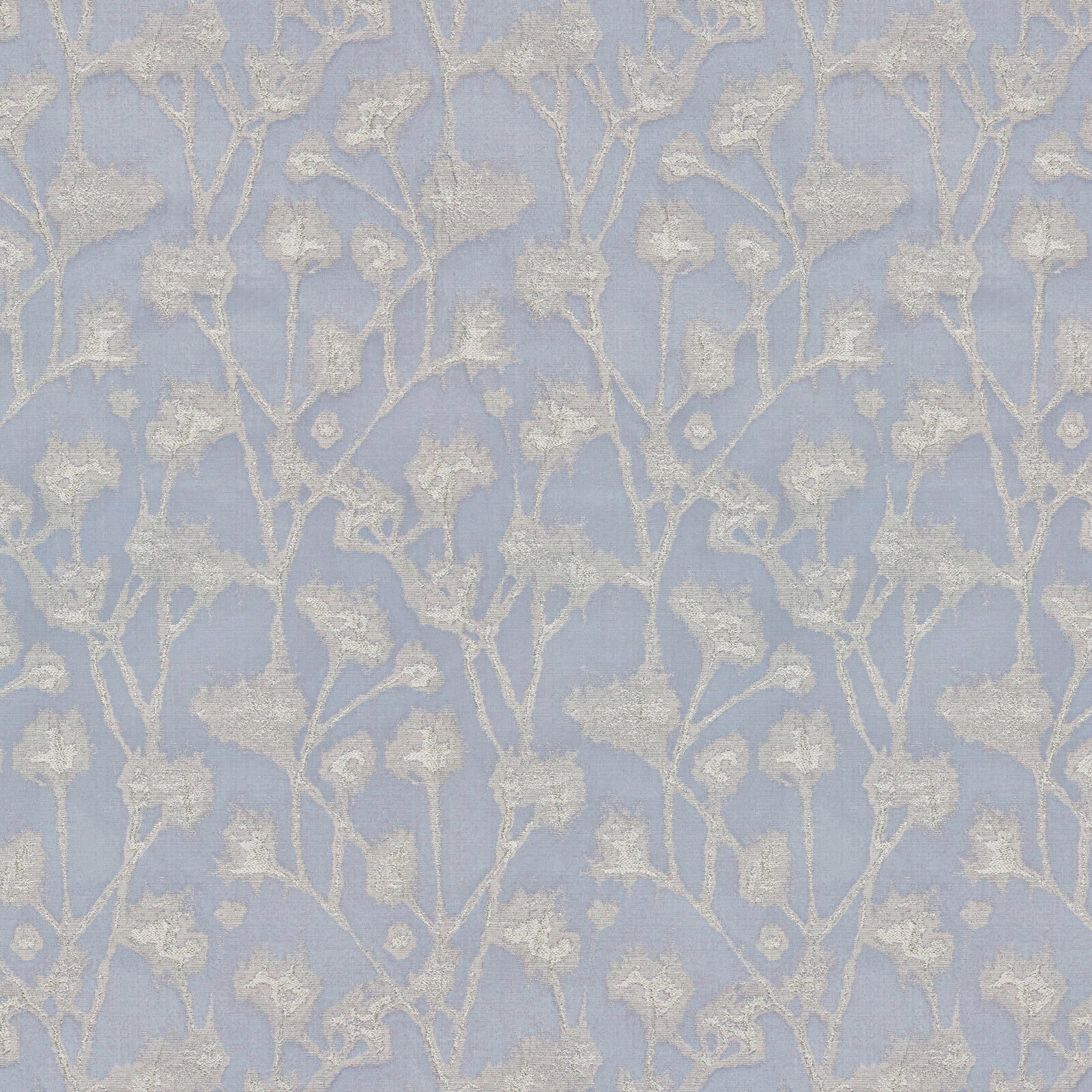 Soft wedgewood blue fabric with pale floral vine motif and subtle sheen