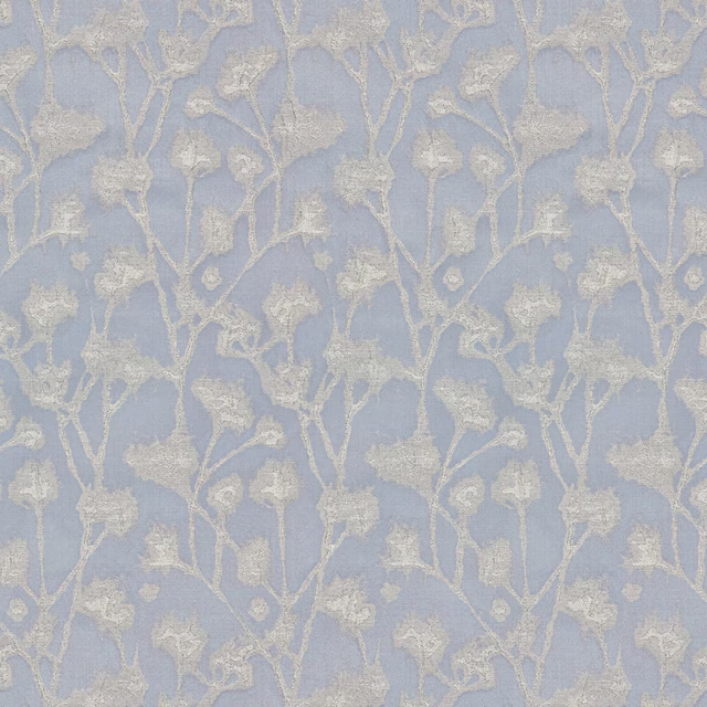 Soft wedgewood blue fabric with pale floral vine motif and subtle sheen