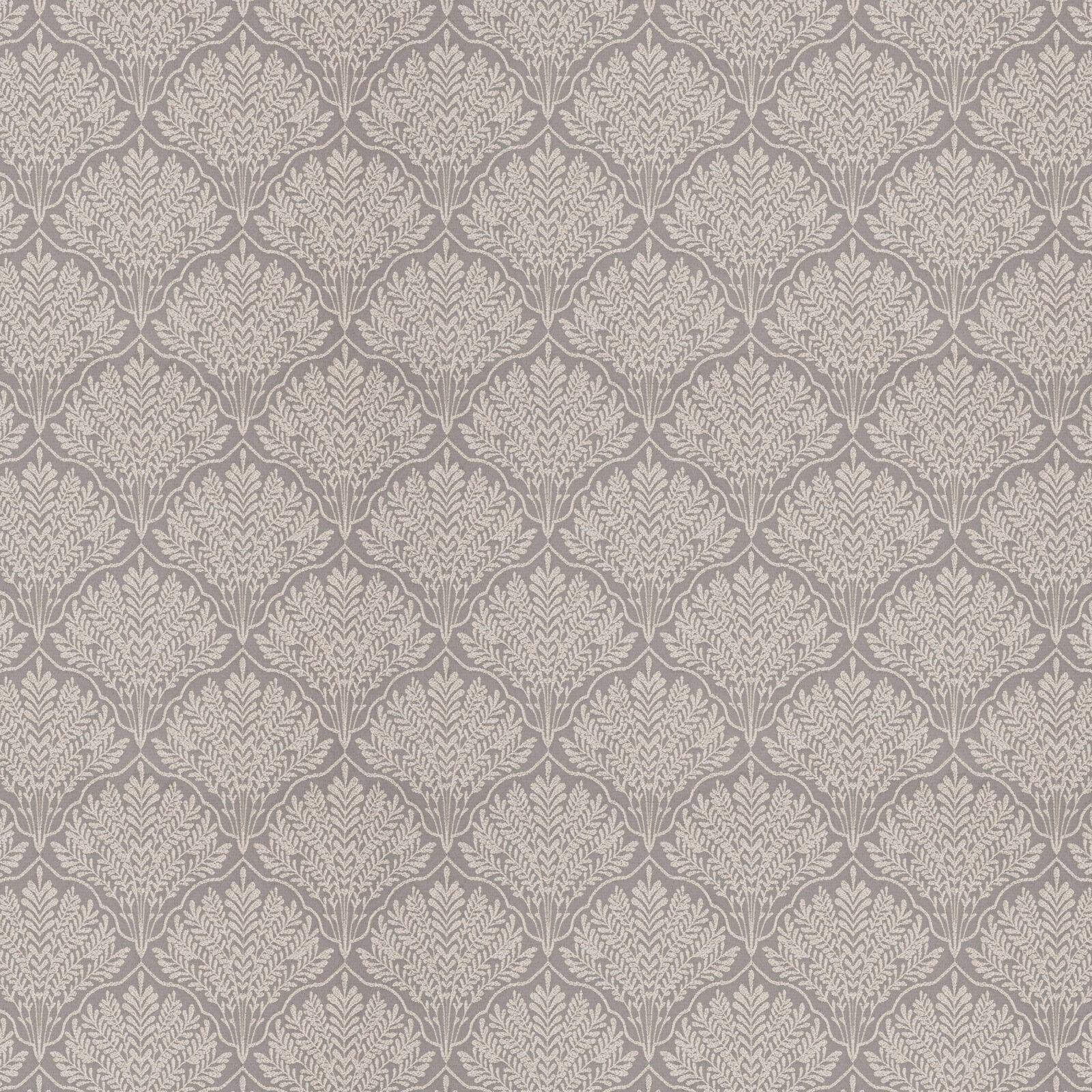Soft dove-grey fabric with an ivory leaf trellis repeat