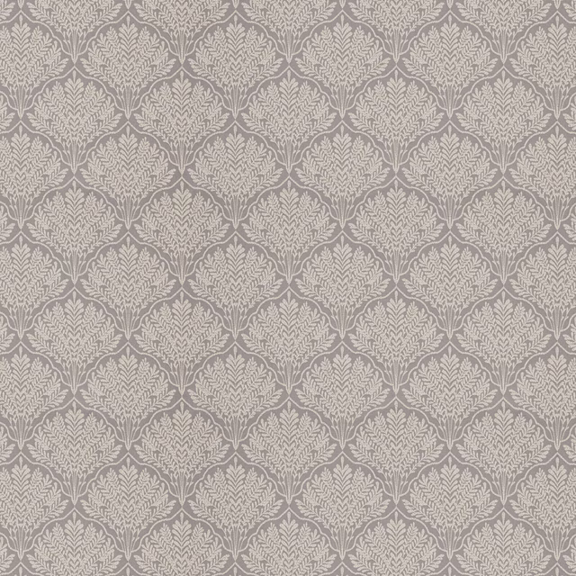 Soft dove-grey fabric with an ivory leaf trellis repeat