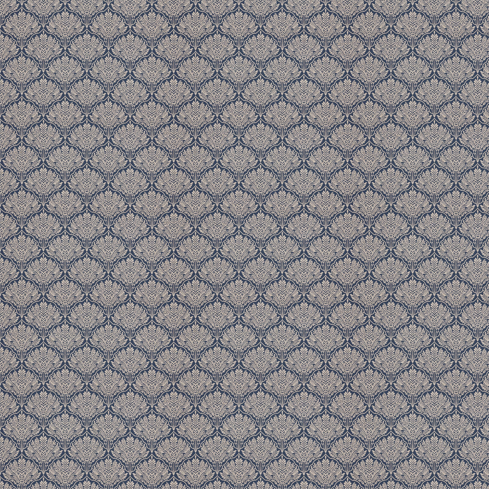 Repeating pale damask motif on a deep ink-blue woven fabric