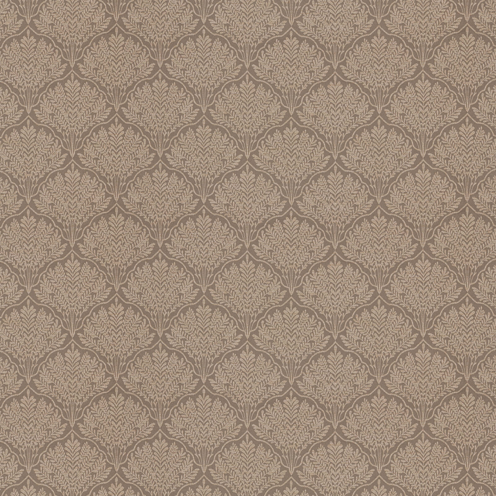 Warm taupe leaf damask fabric swatch with pale beige pattern