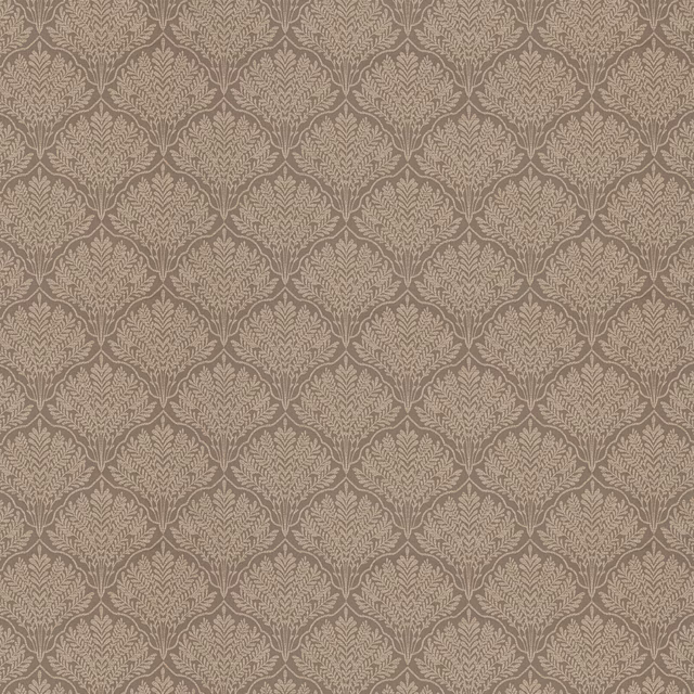 Warm taupe leaf damask fabric swatch with pale beige pattern