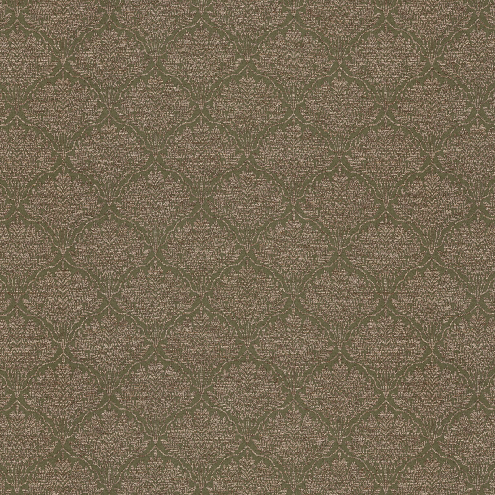Olive green woven damask fabric with leaf medallions on a muted ground