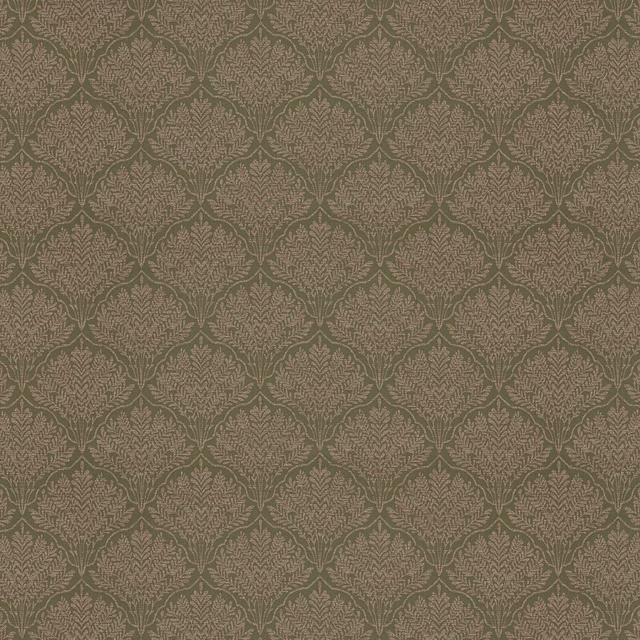 Olive green woven damask fabric with leaf medallions on a muted ground