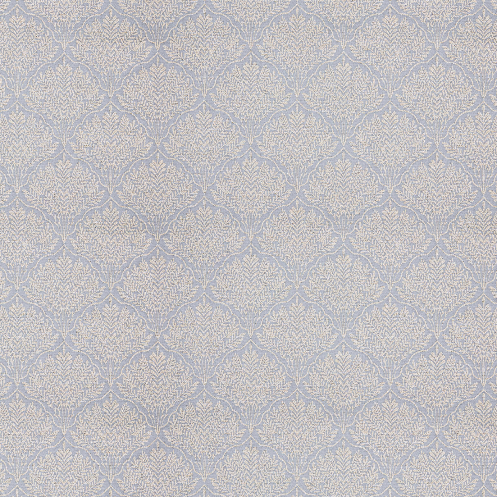 Pale Wedgwood blue damask-style leaf weave with ivory pattern repeat