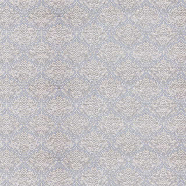 Pale Wedgwood blue damask-style leaf weave with ivory pattern repeat